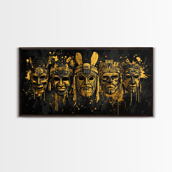 Mythical Demon Mask Gold Canvas Art, Splatter Fierce Mask Canvas Print, Real Wood Frame Wall Décor, Bold Dramatic Statement Artwork