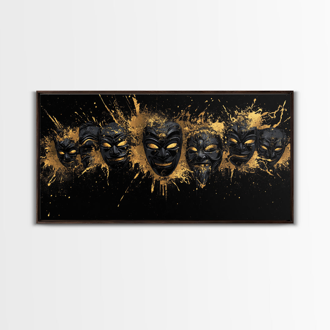 Fiery Demon Mask Gold Canvas Print, Ornate Splatter Mask Art On Canvas, Real Wood Frame Wall Décor, Bold Cultural Wall Artwork