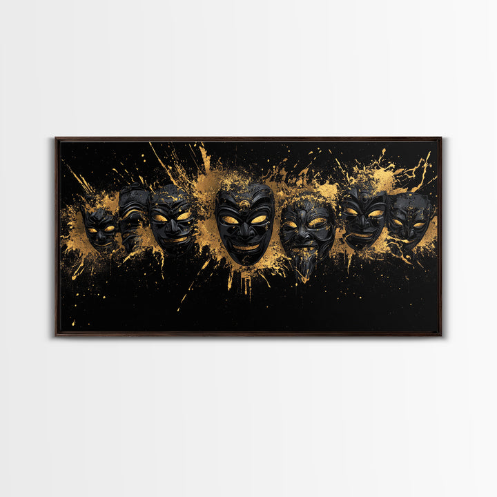 Fiery Demon Mask Gold Canvas Print, Ornate Splatter Mask Art On Canvas, Real Wood Frame Wall Décor, Bold Cultural Wall Artwork
