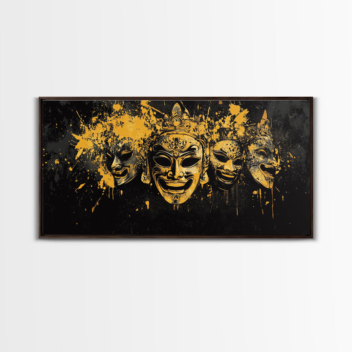 Regal Mask Set Gold Canvas Art, Splatter Tribal Demon Mask Canvas Print, Real Wood Frame Wall Décor, Bold Fierce Statement Artwork