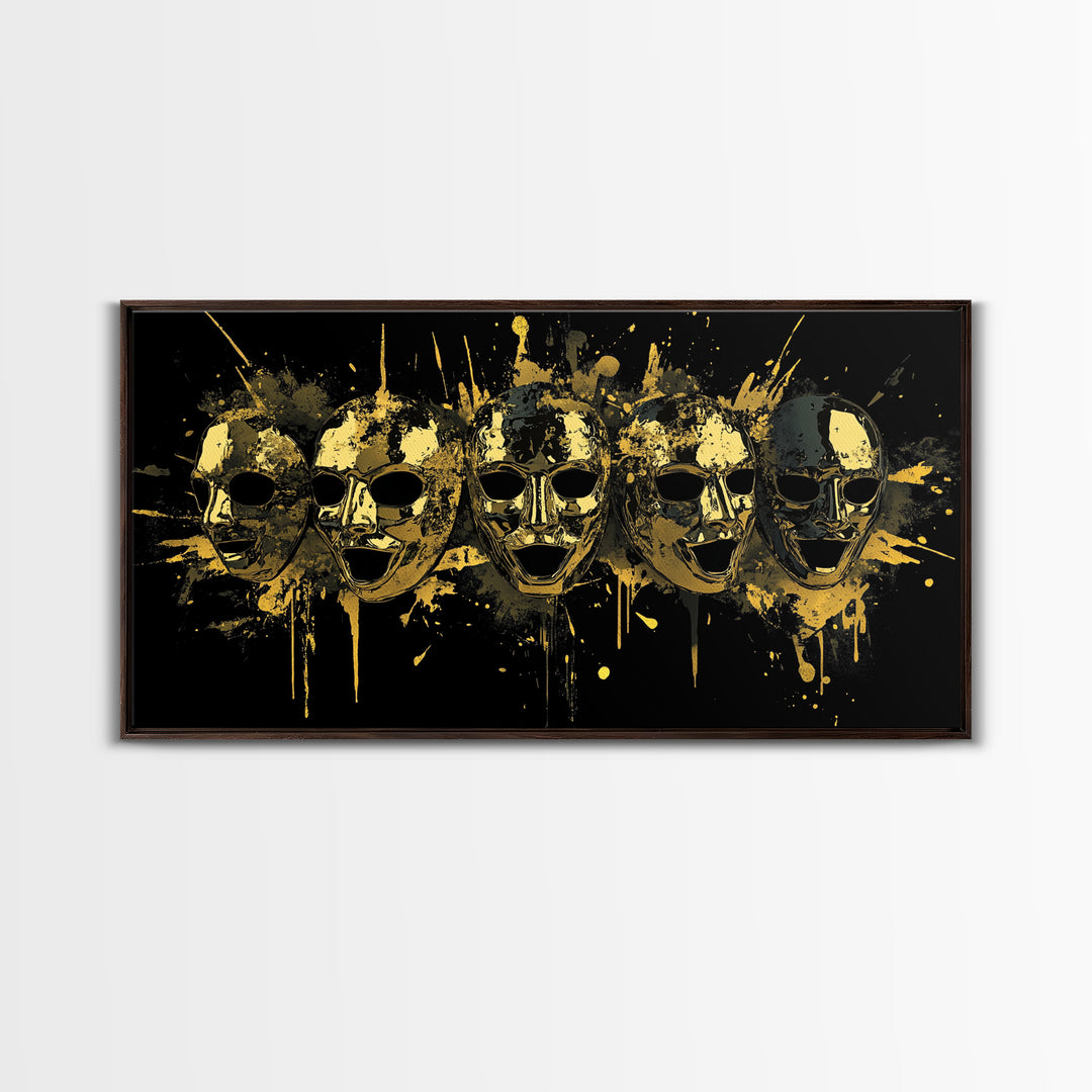 Theatrical Comedy Mask Gold Canvas Print, Splatter Dramatic Art On Canvas, Real Wood Frame Wall Décor, Gothic Statement Artwork