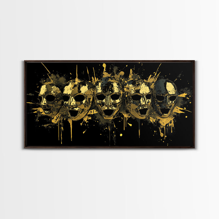 Theatrical Comedy Mask Gold Canvas Print, Splatter Dramatic Art On Canvas, Real Wood Frame Wall Décor, Gothic Statement Artwork