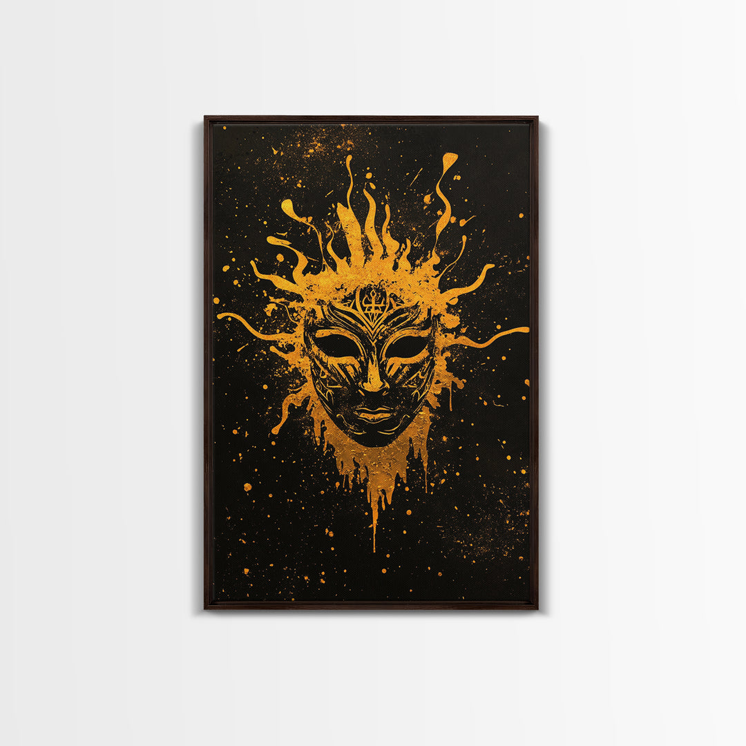 Mystical Tribal Mask Gold Canvas Print, Abstract Face Art, Splatter Style Wall Decor, Real Wood Frame