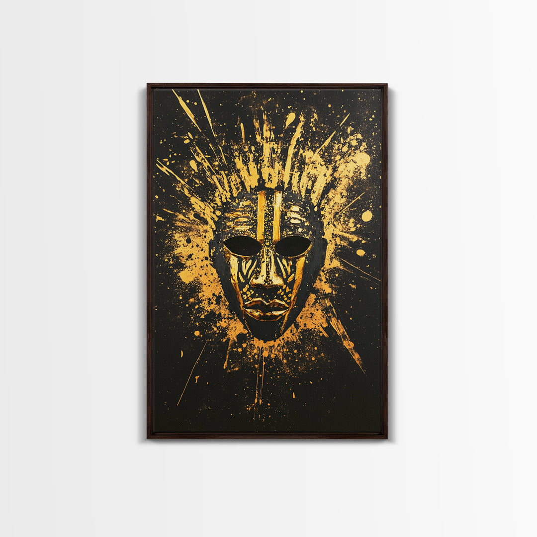 Sacred Tribal Mask Gold Canvas Print, Modern Ethnic Face Art, Spiritual Wall Decor, Real Wood Frame