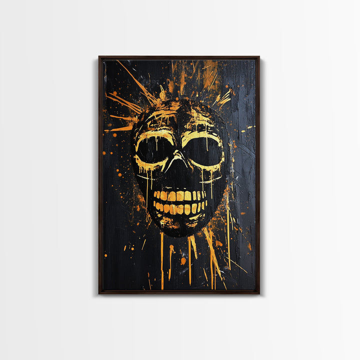 Golden Skull Mask Gold Canvas Print, Dark Gothic Face Art, Horror Splatter Wall Decor, Real Wood Frame