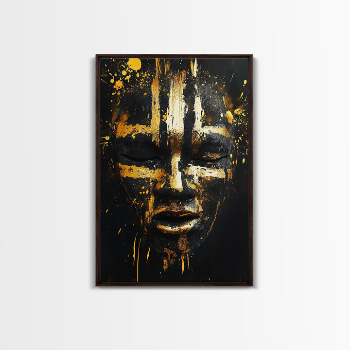 Abstract Painted Mask Gold Canvas Print, Tribal Face Art, Bold Modern Wall Decor, Real Wood Frame
