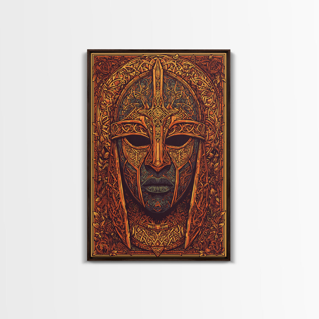 Celtic Warrior Mask Gold Canvas Print, Ornate Medieval Armor Face Art, Mythic Wall Decor, Real Wood Frame