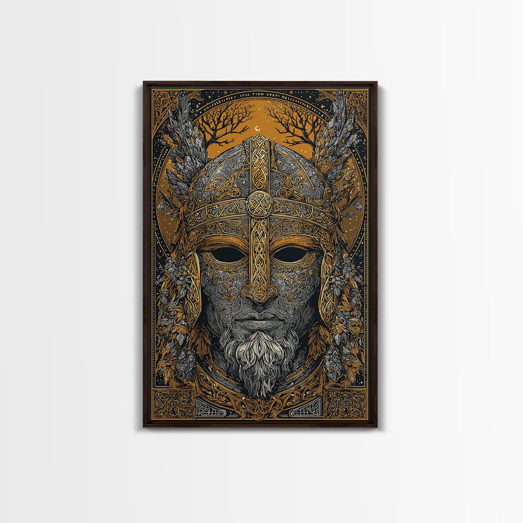 Viking Warrior Mask Gold Canvas Print, Norse Mythology Face Art, Ornate Medieval Wall Decor, Real Wood Frame