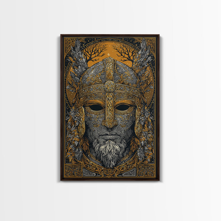 Viking Warrior Mask Gold Canvas Print, Norse Mythology Face Art, Ornate Medieval Wall Decor, Real Wood Frame