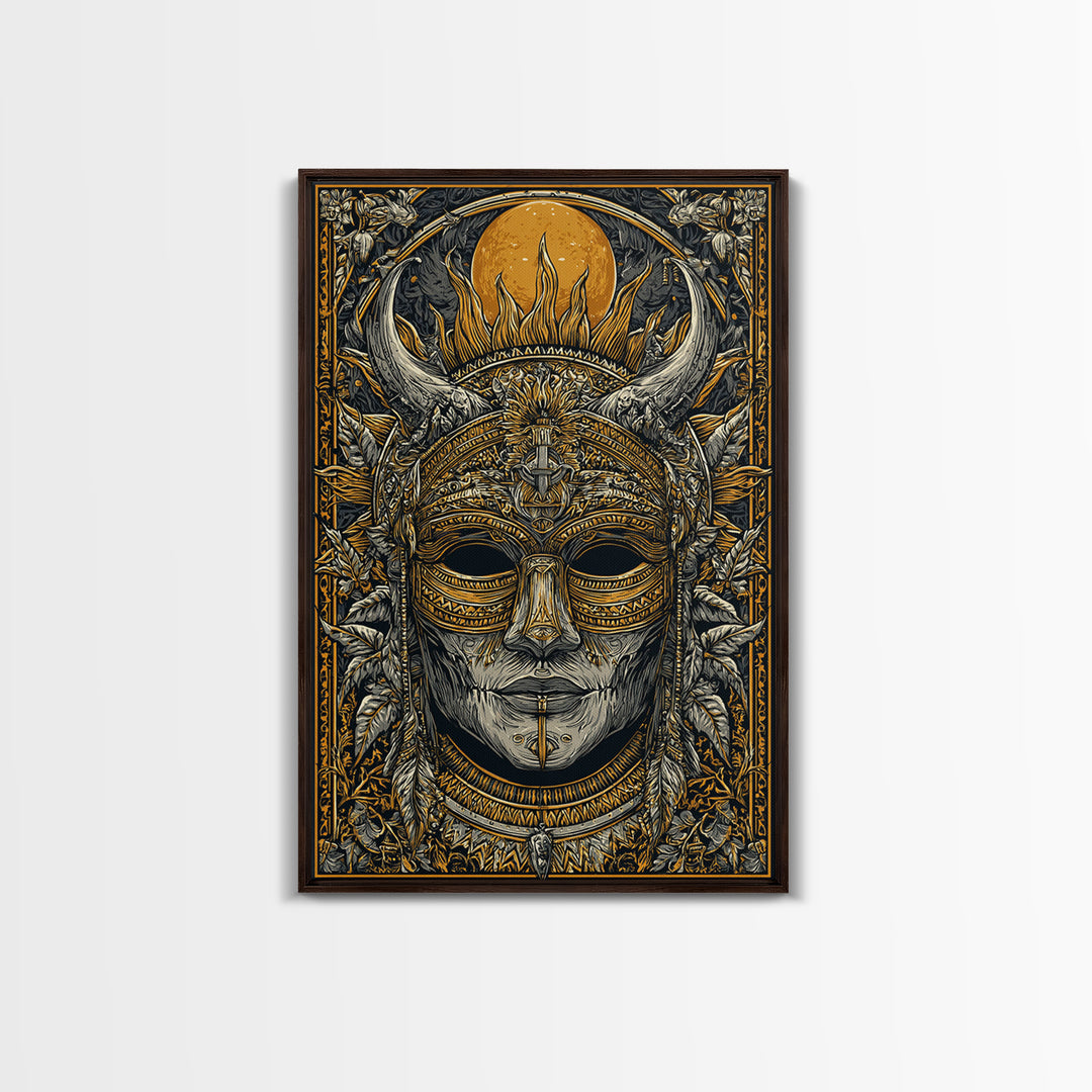 Horned Tribal Mask Gold Canvas Print, Ethnic Warrior Face Art, Ornate Mythic Wall Decor, Real Wood Frame