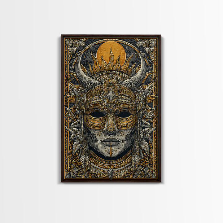 Horned Tribal Mask Gold Canvas Print, Ethnic Warrior Face Art, Ornate Mythic Wall Decor, Real Wood Frame