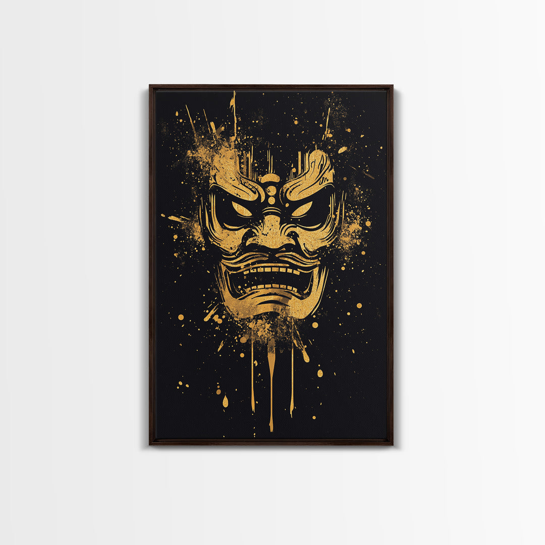 Samurai Oni Mask Gold Canvas Print, Japanese Demon Face Art, Splatter Ink Wall Decor, Real Wood Frame