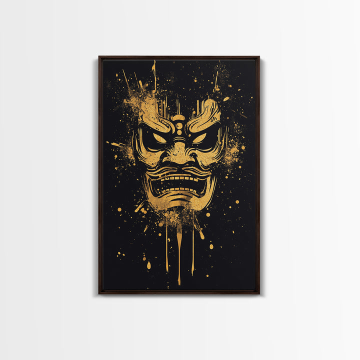 Samurai Oni Mask Gold Canvas Print, Japanese Demon Face Art, Splatter Ink Wall Decor, Real Wood Frame