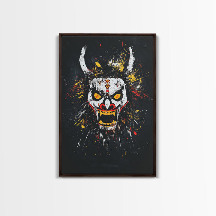 Fiery Demon Mask Gold Canvas Print, Japanese Oni Face Art, Tribal Splatter Style Wall Decor, Real Wood Frame