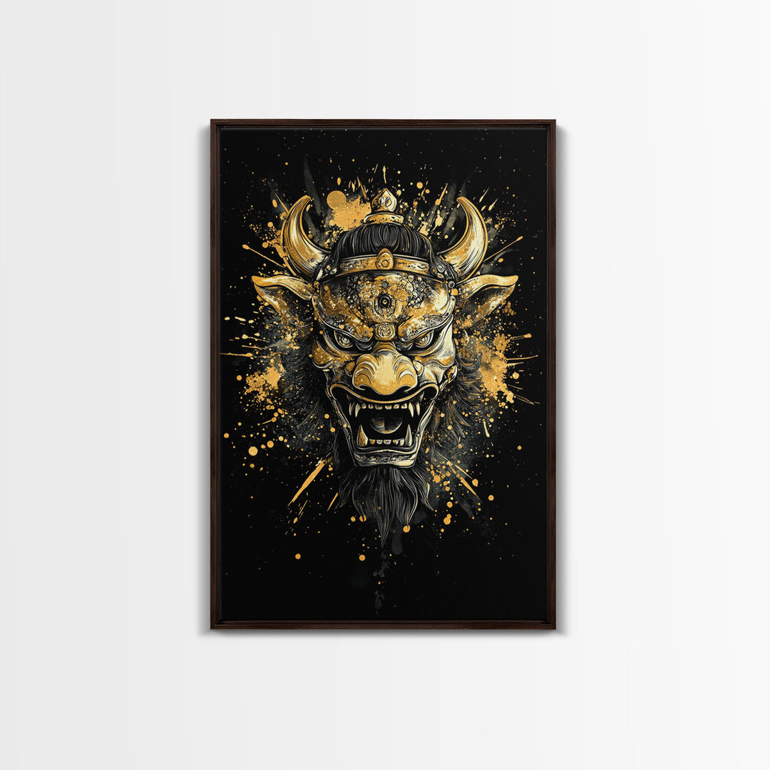 Fierce Demon Mask Gold Canvas Print, Mythical Beast Face Art, Splatter Style Wall Decor, Real Wood Frame