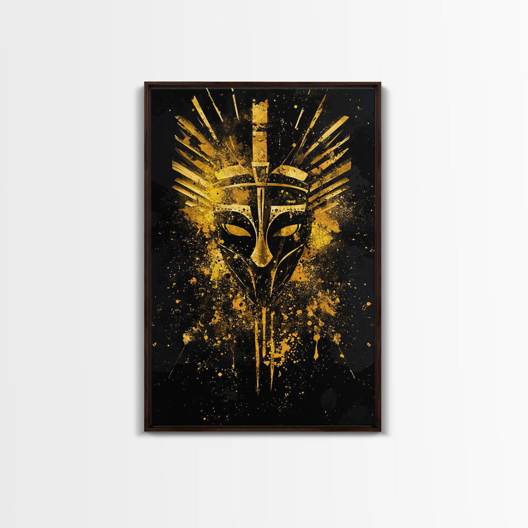 Ancient Warrior Mask Gold Canvas Print, Bold Tribal Face Art, Splatter Ink Wall Decor, Real Wood Frame
