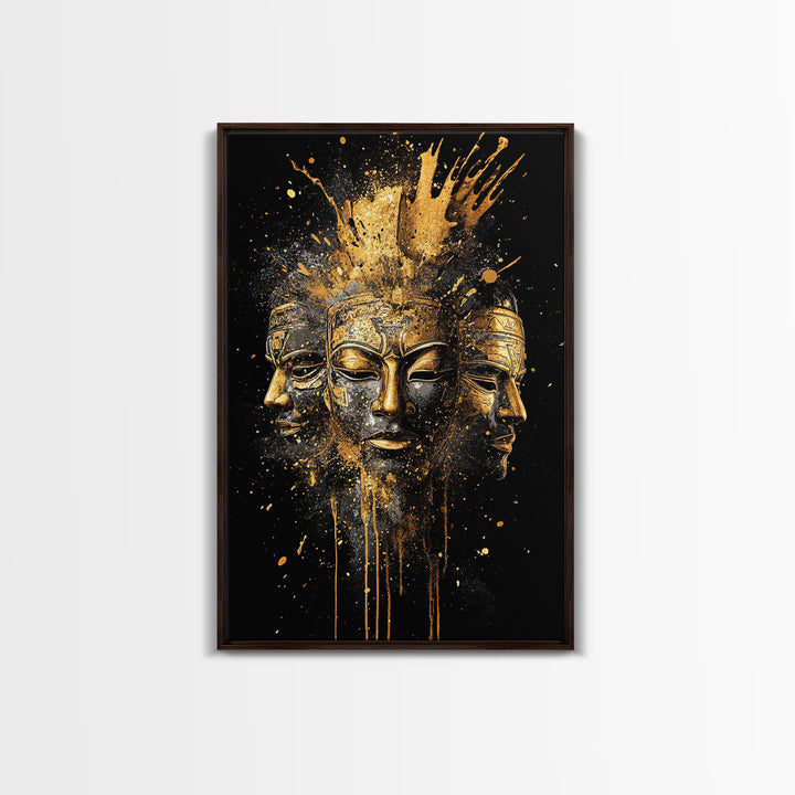 Three Faces Mask Gold Canvas Print, Abstract Spiritual Face Art, Splatter Style Wall Decor, Real Wood Frame