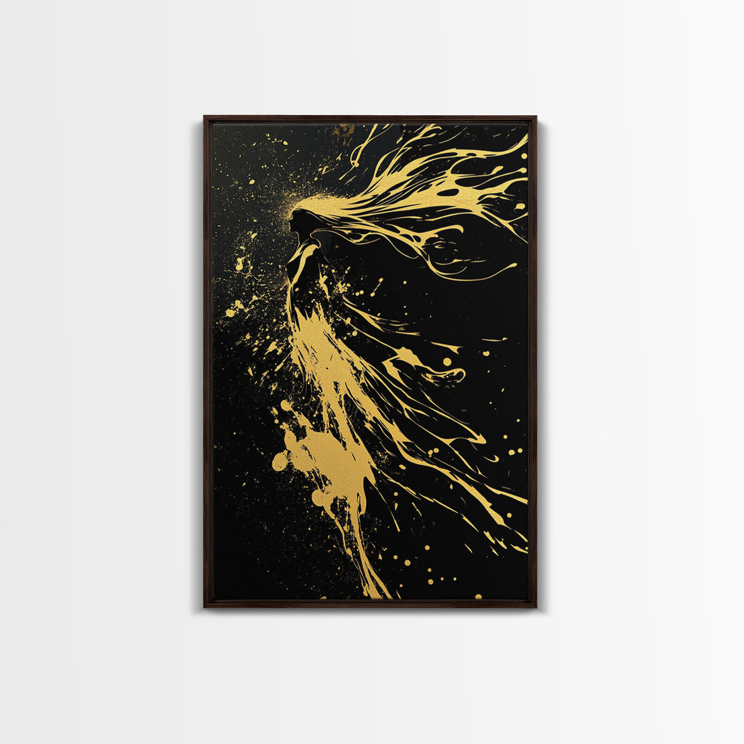 Golden Spirit Woman Gold Canvas Art, Flowing Abstract Female Silhouette, Modern Splatter Wall Decor, Real Wood Frame