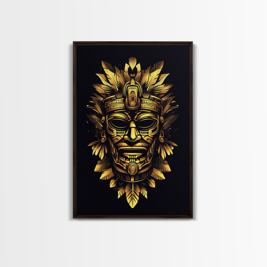 Ancient Aztec God Gold Canvas Print, Ornate Tribal Face Artwork, Ethnic Mythic Wall Decor, Real Wood Frame