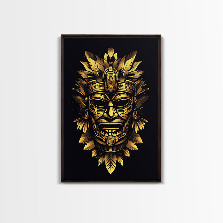 Ancient Aztec God Gold Canvas Print, Ornate Tribal Face Artwork, Ethnic Mythic Wall Decor, Real Wood Frame