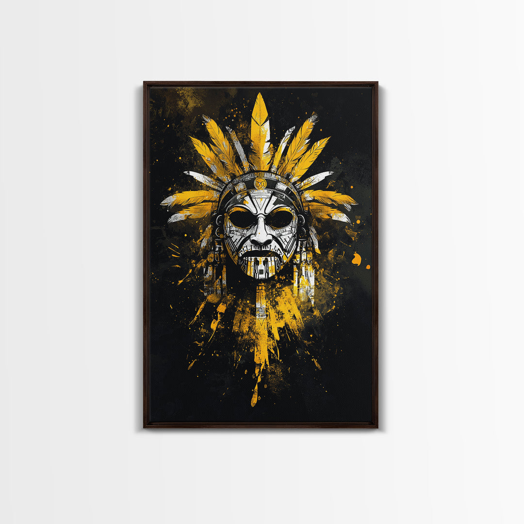 Aztec Skull Mask Gold Canvas Print, Ancient Tribal Face Art, Bold Splatter Style Wall Decor, Real Wood Frame