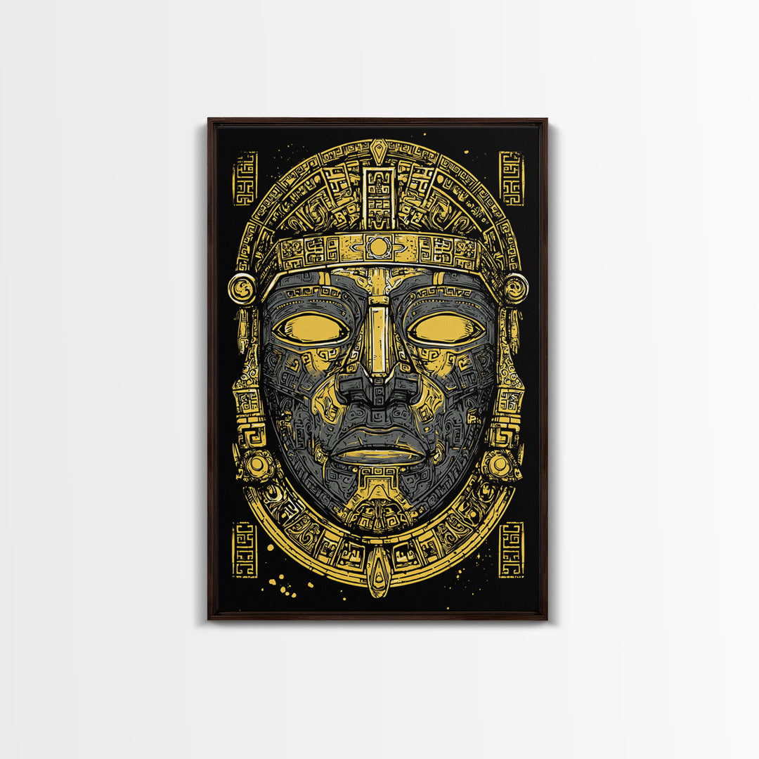 Aztec Warrior Sun Mask Gold Canvas Print, Ornate Tribal Face Artwork, Ancient Ethnic Wall Decor, Real Wood Frame