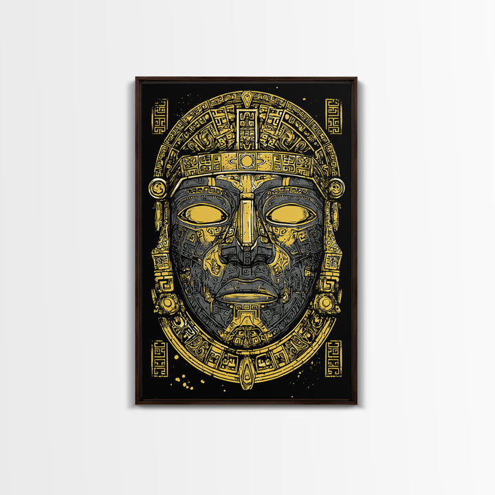 Aztec Warrior Sun Mask Gold Canvas Print, Ornate Tribal Face Artwork, Ancient Ethnic Wall Decor, Real Wood Frame