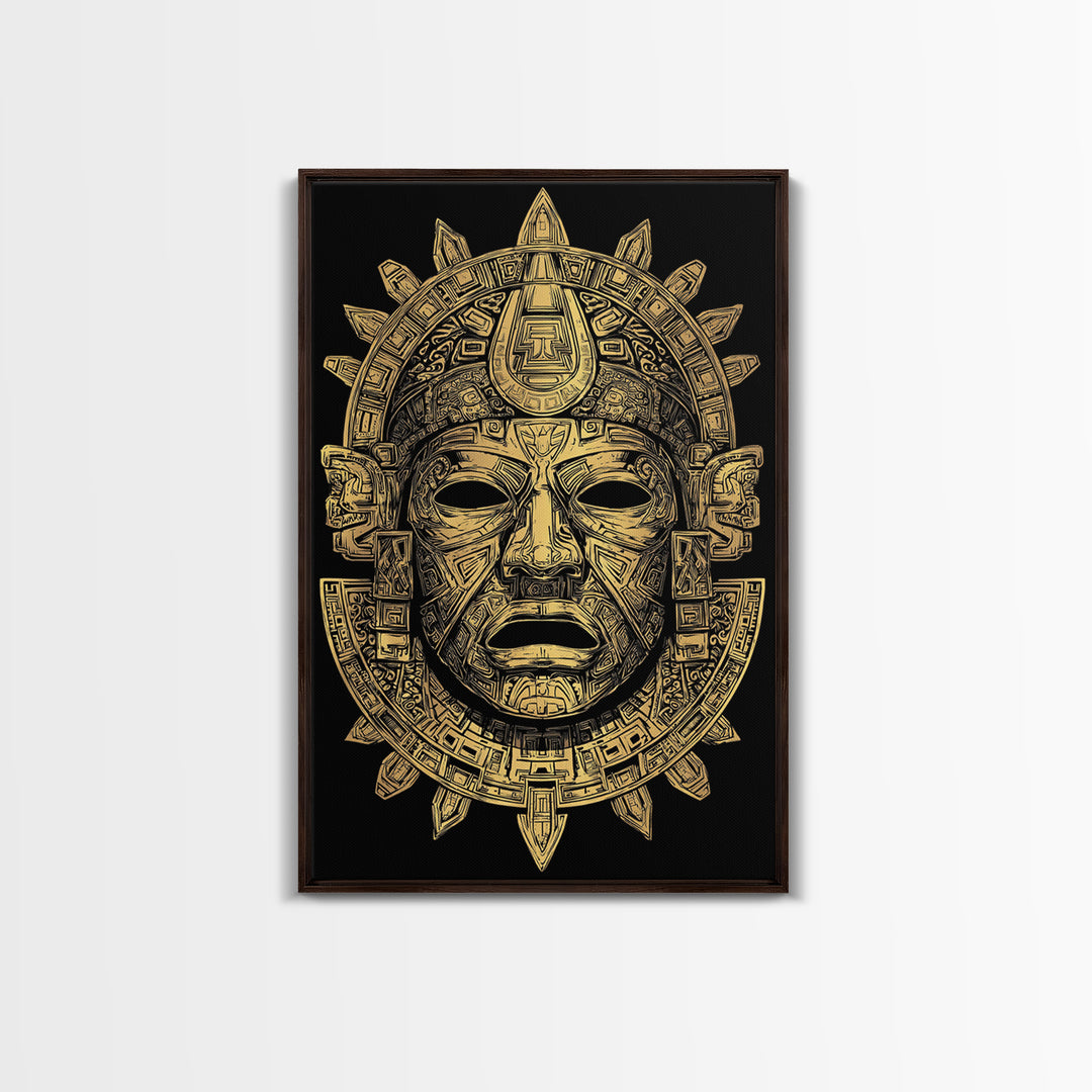 Aztec Deity Mask Gold Canvas Print, Ornate Tribal Face Artwork, Ancient Cultural Wall Hanging, Real Wood Frame