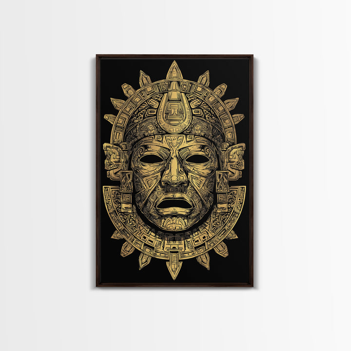 Aztec Deity Mask Gold Canvas Print, Ornate Tribal Face Artwork, Ancient Cultural Wall Hanging, Real Wood Frame