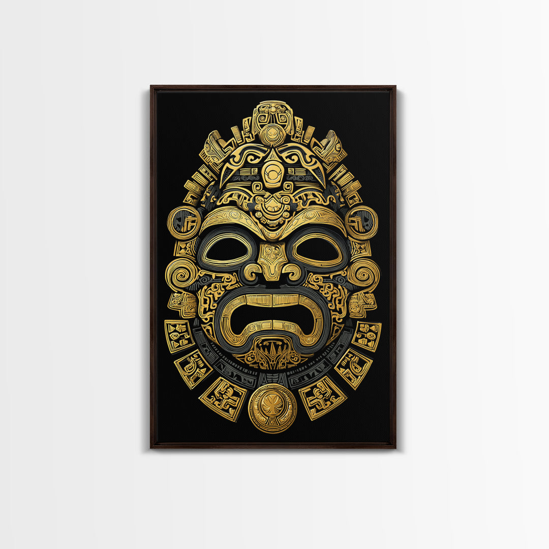 Aztec Feathered God Mask Gold Canvas Print, Ornate Tribal Face Artwork, Ancient Ethnic Wall Decor, Real Wood Frame