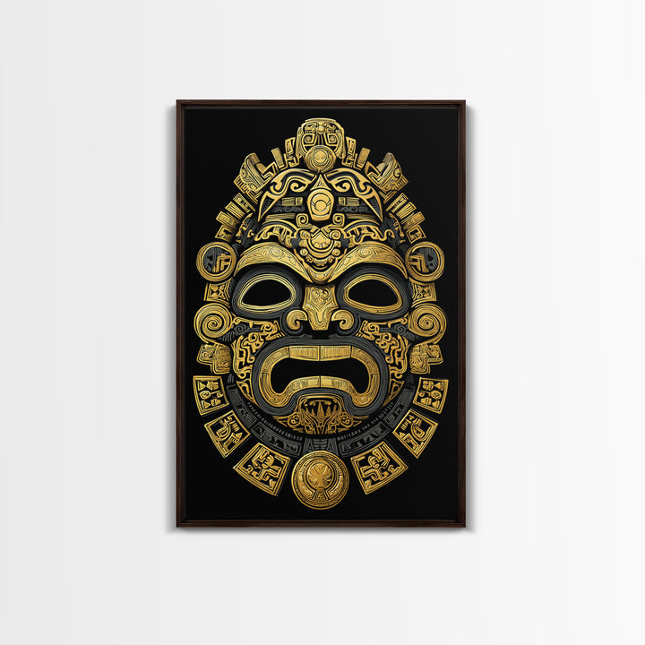 Aztec Feathered God Mask Gold Canvas Print, Ornate Tribal Face Artwork, Ancient Ethnic Wall Decor, Real Wood Frame