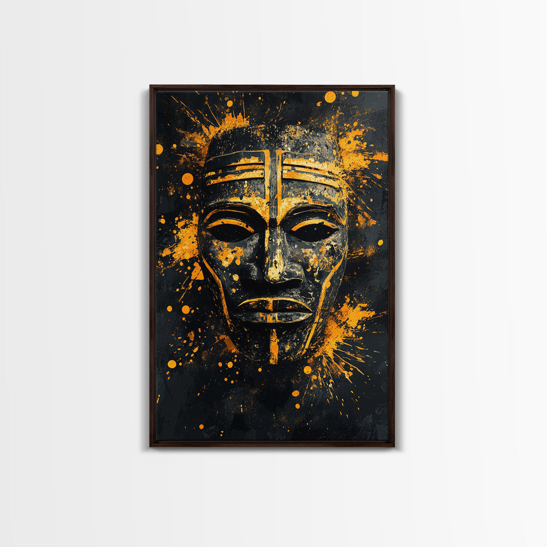 Bakongo Ritual Mask Gold Canvas Print, African Ethnic Face Art, Spiritual Tribal Wall Hanging Decor, Real Wood Frame
