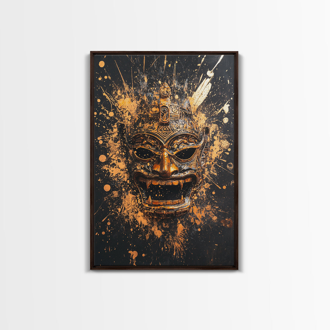 Balinese Demon Mask Gold Canvas Print, Ornate Tribal Face Art, Mythical Splatter Style Wall Decor, Real Wood Frame