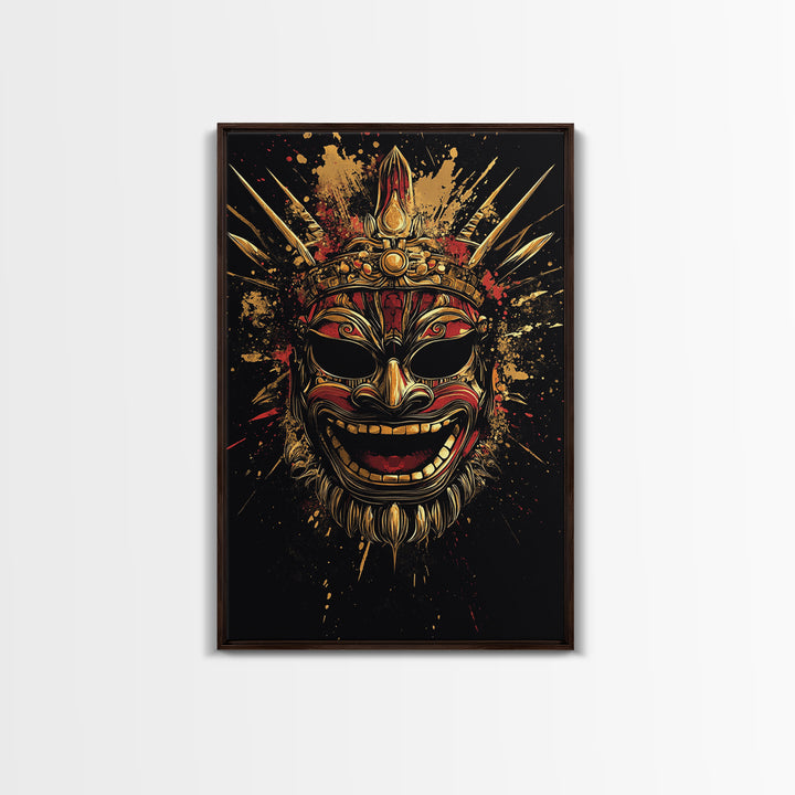 Balinese Guardian Mask Gold Canvas Print, Ornate Tribal Face Artwork, Cultural Ethnic Wall Decor, Real Wood Frame