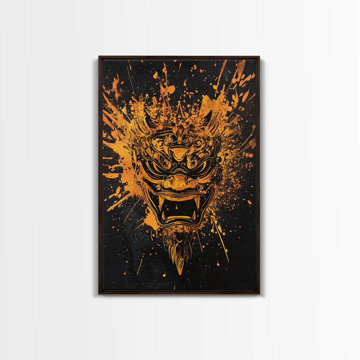 Balinese Spirit Mask Gold Canvas Print, Ornate Tribal Face Artwork, Cultural Mythic Wall Decor, Real Wood Frame