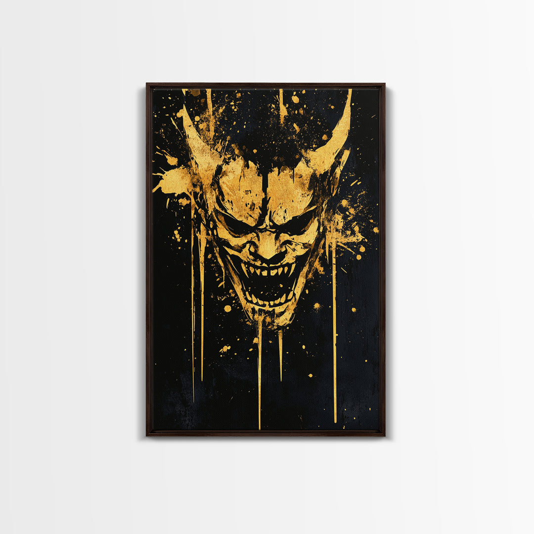 Demonic Splatter Mask Gold Canvas Print, Fierce Abstract Face Art, Bold Horror Inspired Wall Decor, Real Wood Frame