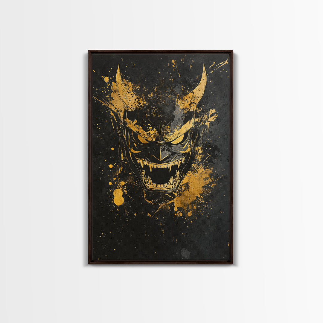 Oni Demon Mask Gold Canvas Print, Japanese Inspired Splatter Artwork, Fierce Mythical Wall Decor, Real Wood Frame