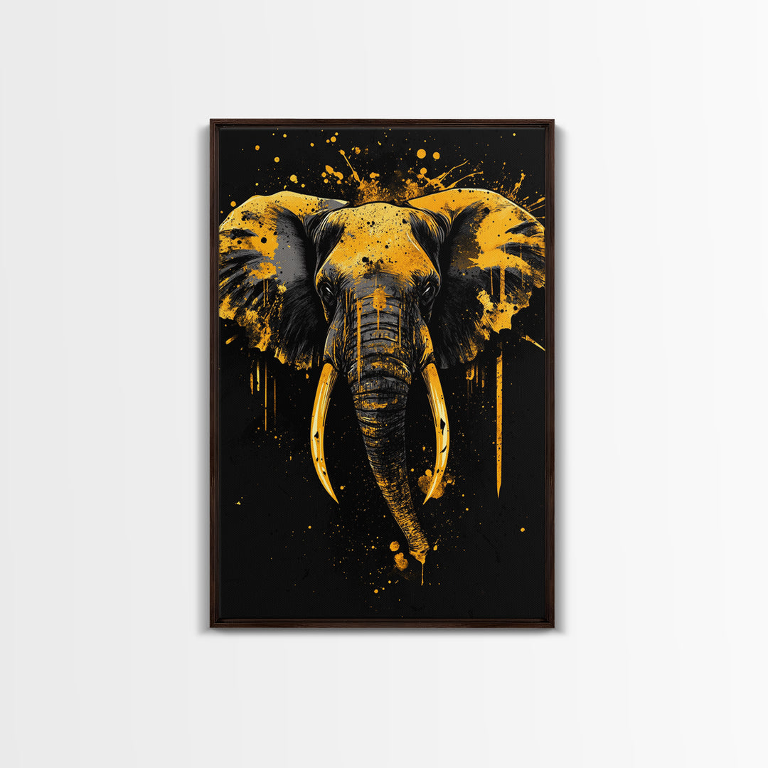 Elephant Head Gold Canvas Print, Splatter Style Wildlife Artwork, Majestic Animal Wall Decor, Real Wood Frame