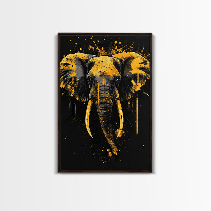 Elephant Head Gold Canvas Print, Splatter Style Wildlife Artwork, Majestic Animal Wall Decor, Real Wood Frame