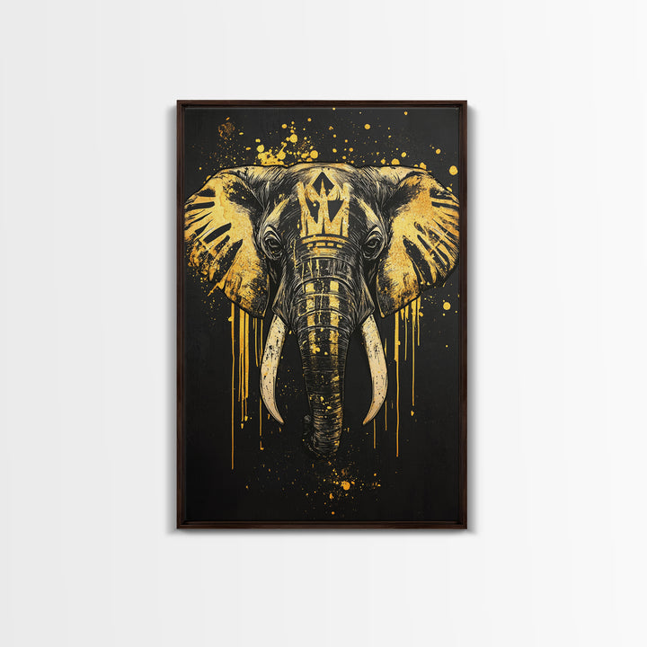 Royal Elephant Gold Canvas Print, Splatter Style Tribal Artwork, Majestic Animal Wall Decor, Real Wood Frame