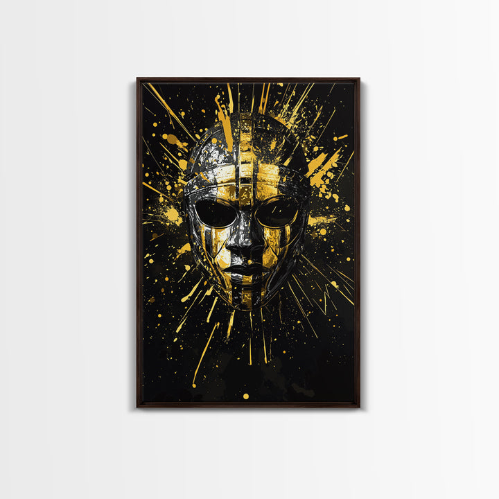Ancient Warrior Mask Gold Canvas Print, Ornate Tribal Face Artwork, Bold Splatter Style Wall Decor, Real Wood Frame