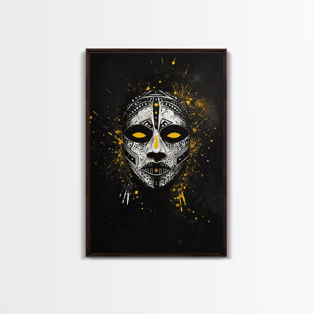 Tribal Painted Mask Gold Canvas Print, Ethnic Face Artwork, Bold Splatter Ink Wall Hanging Decor, Real Wood Frame