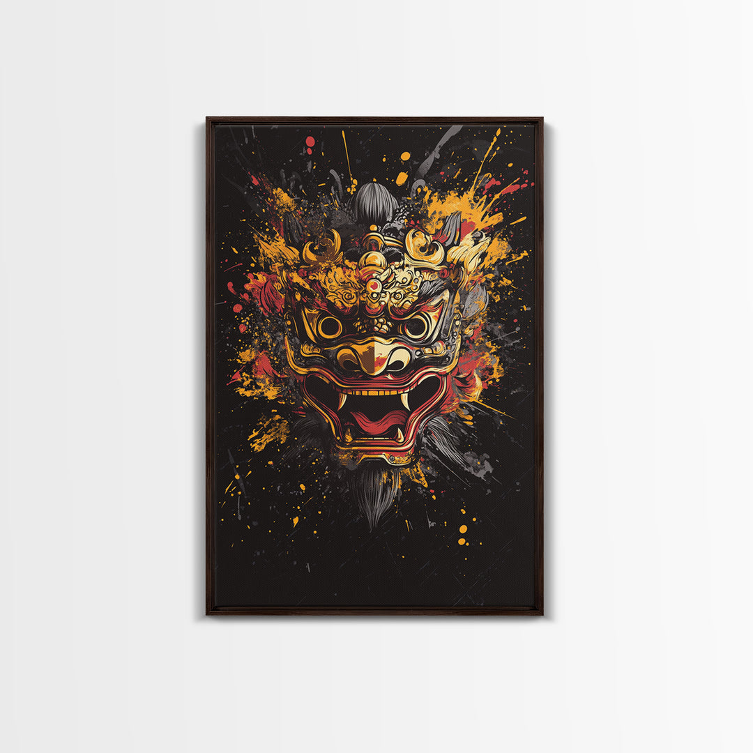 Barong Mythical Mask Gold Canvas Print, Ornate Balinese Face Artwork, Cultural Splatter Wall Decor, Real Wood Frame