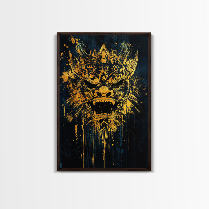 Balinese Barong Mask Gold Canvas Print, Ornate Spiritual Face Artwork, Mythic Cultural Wall Decor, Real Wood Frame