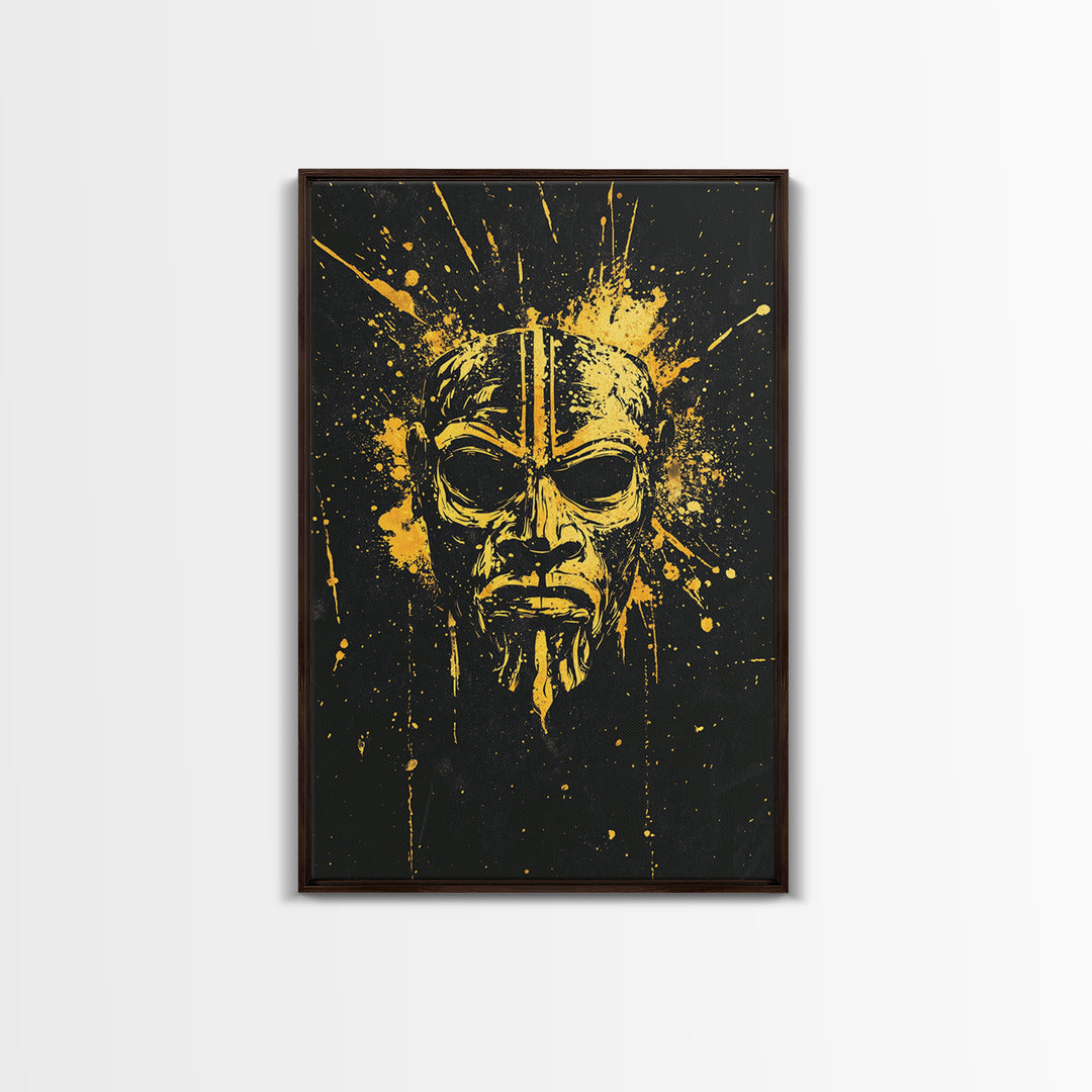 Batak Tribal Mask Gold Canvas Print, Ornate Ethnic Face Artwork, Ancient Cultural Wall Hanging Decor, Real Wood Frame