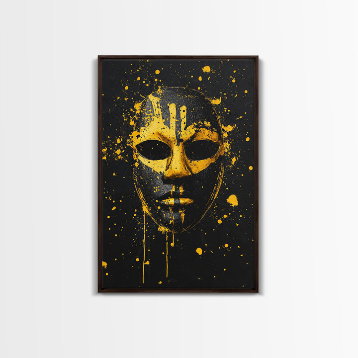 Abstract Splatter Mask Gold Canvas Print, Tribal Face Wall Art, Bold Modern Mask Artwork, Real Wood Frame Home Decor