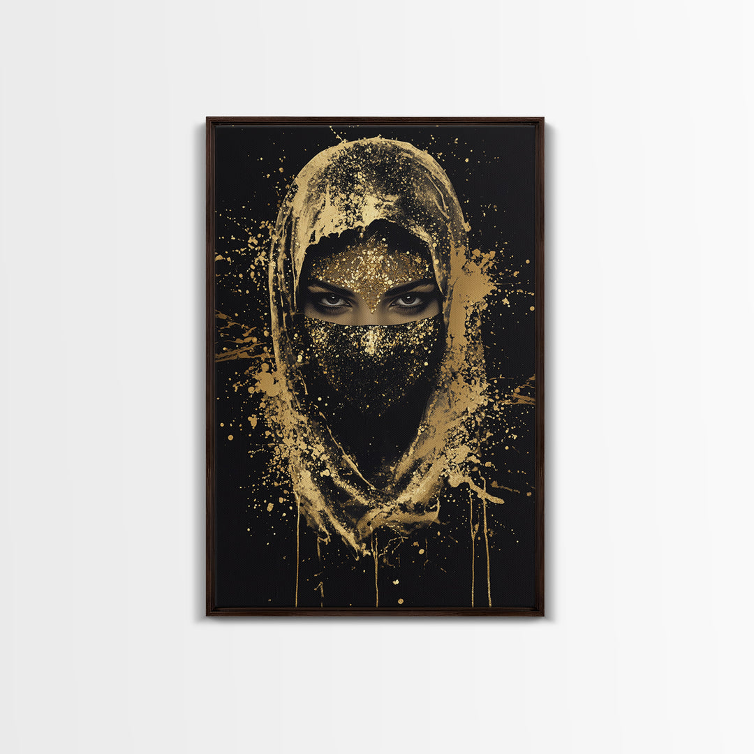 Mystical Veiled Woman Gold Canvas Print, Splatter Style Portrait Art, Ethereal Female Artwork, Real Wood Frame Wall Decor