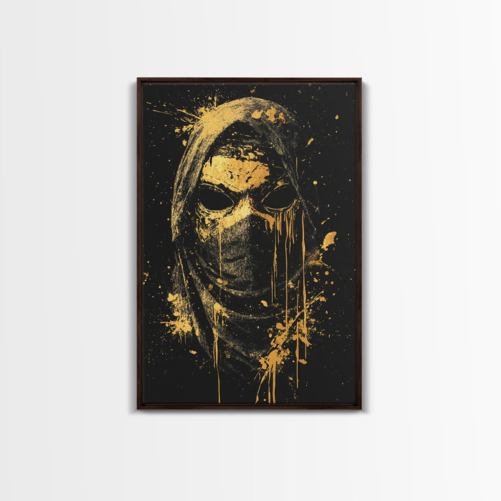 Hooded Tribal Figure Gold Canvas Print, Splatter Style Mask Art, Spiritual Warrior Artwork, Real Wood Frame Bold Wall Decor