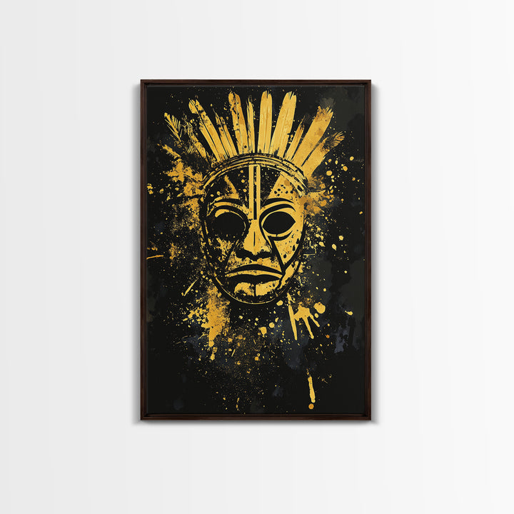 Feathered Tribal Mask Gold Canvas Print, Ancestral Face Art, Splatter Style Ethnic Wall Hanging, Real Wood Frame Artwork