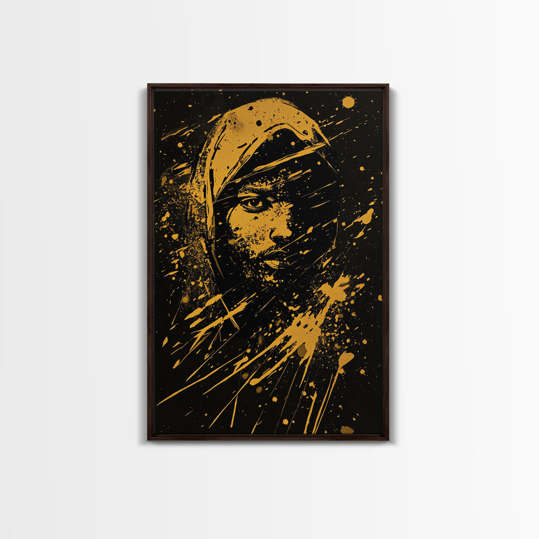 Golden Veiled Portrait Gold Canvas Print, Abstract Female Art, Splatter Style Ethereal Face Artwork, Real Wood Frame Decor